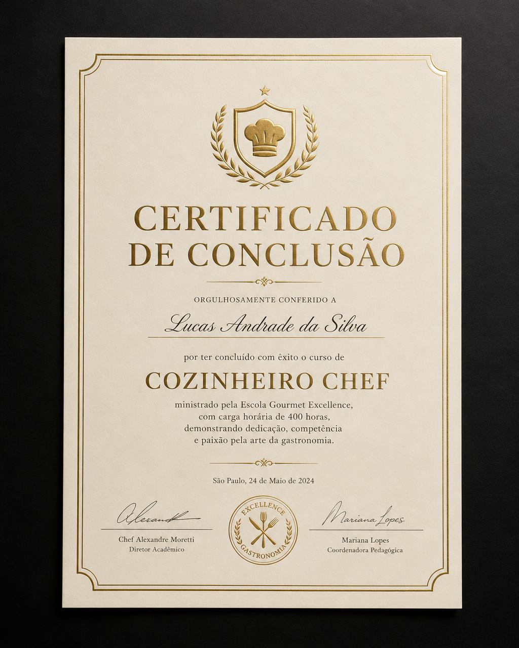 Certificado digital de conclusão do curso — Cozinheiro Chef